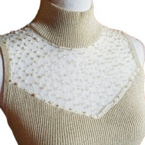 Cable & Gauge Sleeveless Sheer Gold Pearl Top Small Mock Turtleneck Classic, S